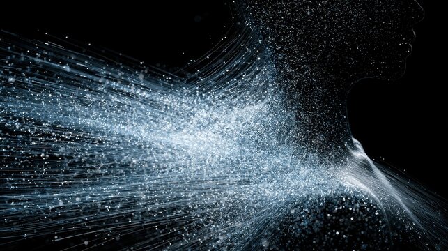 Abstract conceptual portrait of a human silhouette dissolving into digital particles