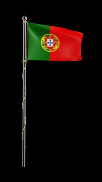 Portugal flag on flagpole waving smoothly in a 4K vertical 3D looping animation over a transparent alpha channel background.  Social media video, patriotic project, sport event, international theme.