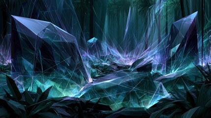 Naklejka premium Mystical crystal forest landscape with glowing neon light shards