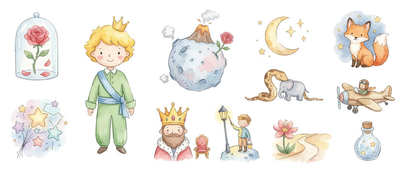 Whimsical little prince watercolor collection with fantasy adventure and celestial motifs. Collection of Vector illustrations for invitation, card, poster, banner, decoration