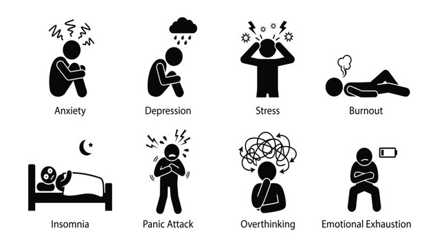 Mental health issues and psychological disorder solid pictogram icon set. Vector illustrations of anxiety, depression, stress, burnout, insomnia, panic attack, overthinking, and emotional exhaustion.