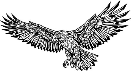 flying eagle, geometric eagle, polygonal eagle, majestic bird, black and white eagle, freedom eagle, angular eagle art, hand drawn outline engraving vector illustration design  © Tanan