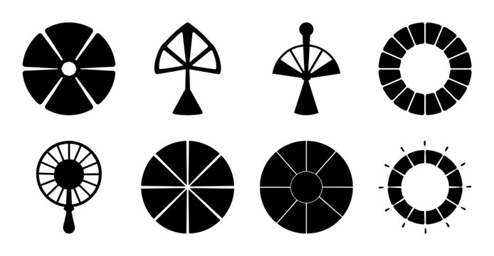 Geometric wind direction and weather icons set - Minimalist vector icons showing wind direction, sun, rain, and weather symbols in black and white style.