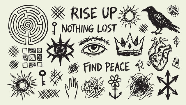 Black ink symbolic doodles with raven anatomical heart maze crown keys and motivational phrases rise up nothing lost find peace on light background