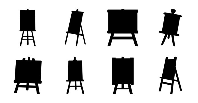 Black silhouette easel and artist stands collection - Set of black silhouette-style easels and artist stands in various designs for artistic or illustrative use