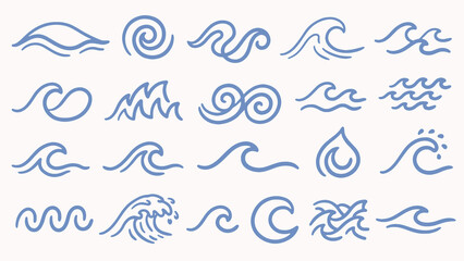 Blue stylized wave and water icons with fluid shapes spirals droplets and ocean motion designs arranged on light background © Abdul Waheed Studio
