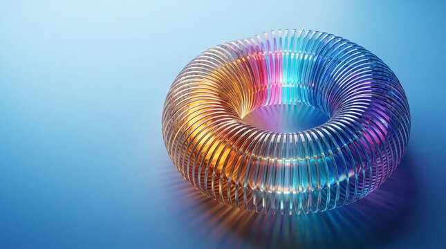 Glass slinky with gradient color, reflecting light and creating abstract pattern, symbolizing technology, science, and innovation