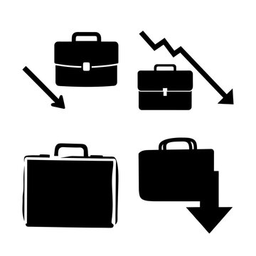 Business briefcase with downward arrows - Four black briefcases with downward arrows indicating decrease or decline in business or travel concept.