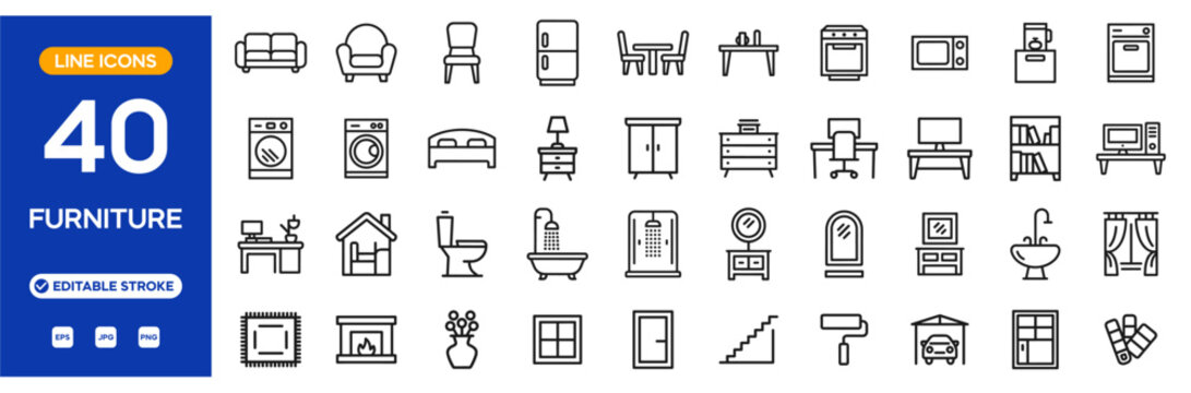 Furniture and home line icon set. Interior and household outline icons: sofa, armchair, bed, table, chair, refrigerator, oven, washing machine, wardrobe, desk, bathtub, window, and more. Editable stro