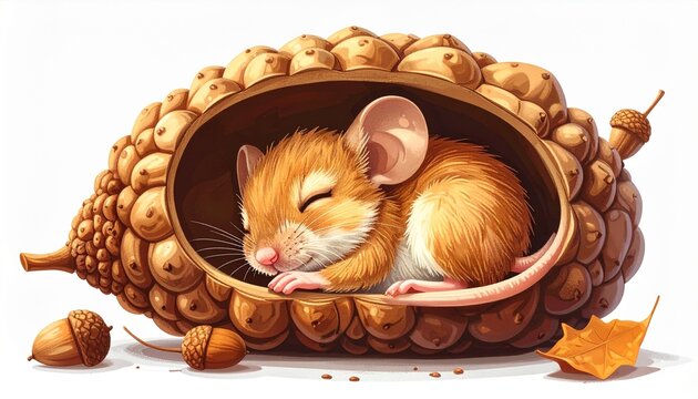 Adorable Mouse Sleeping Peacefully Inside a Cozy Acorn Home.