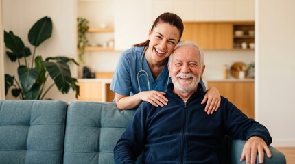 Fototapeta premium Smiling young female caregiver and happy senior man sitting on sofa at home.
