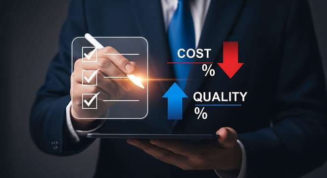 Businessman holding tablet with cost reduction and high quality checklist concept