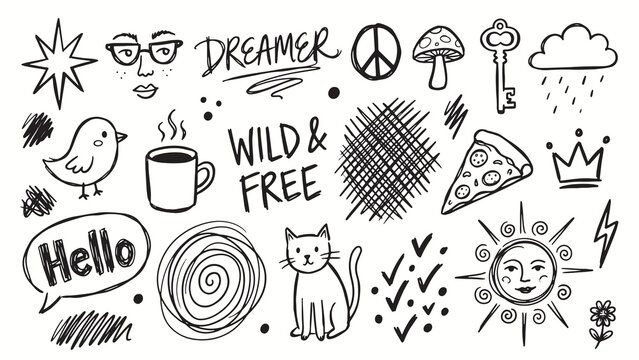 Whimsical black ink doodles with playful symbols words and sketches including dreamer peace sign pizza crown cat and lightning bolt on white background