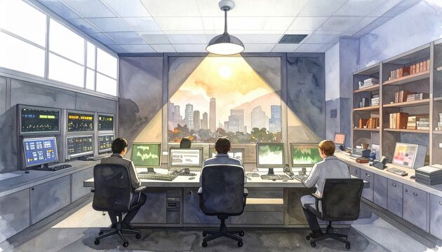 Seismologists monitoring earthquake data in a control center with city view