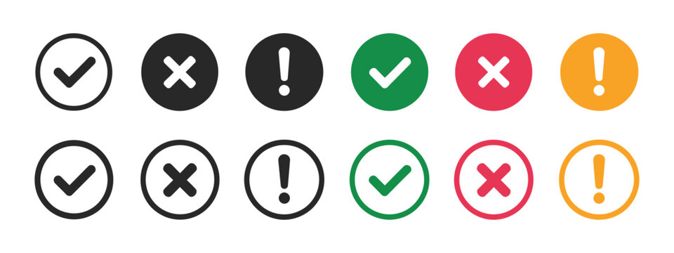 Status icons with check mark cross and exclamation symbols for success error warning notifications and interface feedback vector illustration