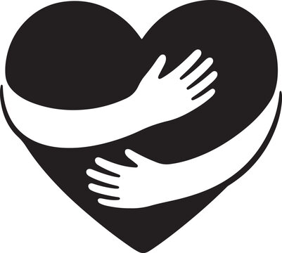 Black heart shape icon being hugged by two hands representing love and self care