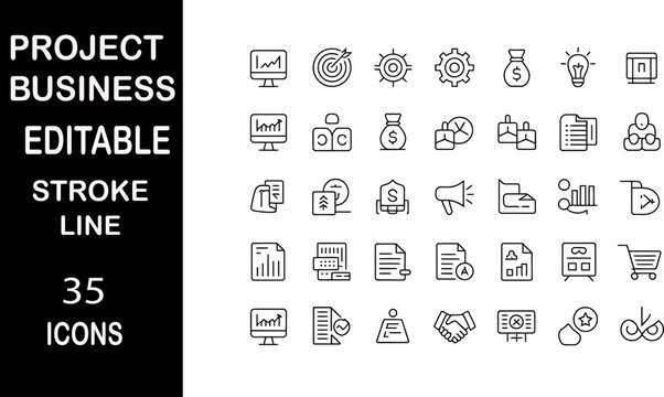 Project Business Editable Stroke Line Icons: A comprehensive collection of 35 editable stroke line icons representing various aspects of project management and business operations.