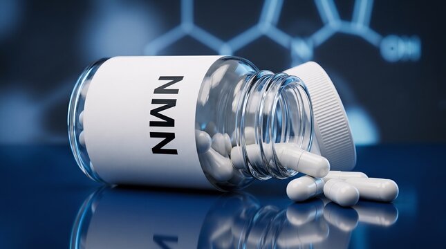 Nmn capsules in bottle on blue background with chemical structure illustration for anti aging and longevity medical research concept capsules supplements longevity