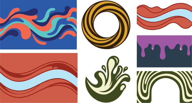 Abstract Fluid Waves and Psychedelic Groovy Pattern Element Set with Liquid Slime, Swirl Circle, Arch, and Dynamic Water Splash Vector Illustrations