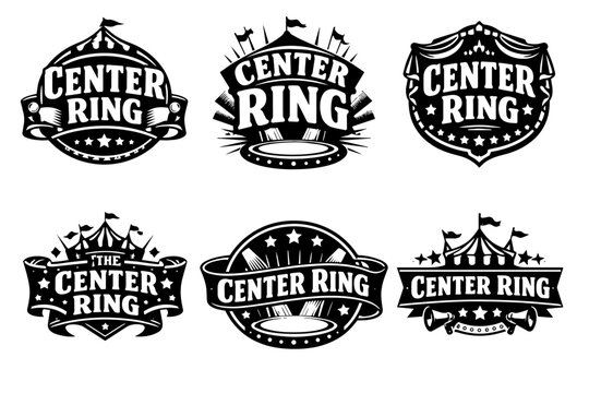 Collection of center ring circus emblems featuring big top tents, stars, and banners for show and event branding
