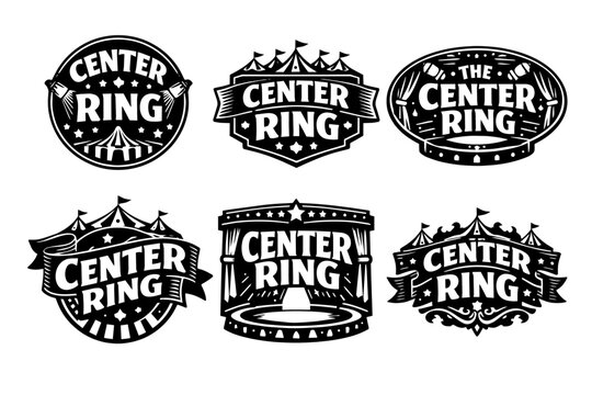 Center ring circus logos and emblems vector collection, vintage show entertainment and carnival event badges