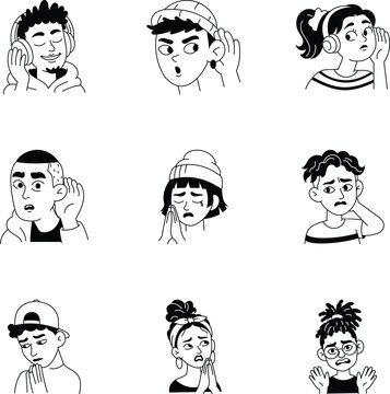 Collection of glyph character icons focused on listening, attention, apologies, regret, guilt, prayer gestures, and emotional expressions. 
