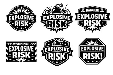Fototapeta premium Explosive risk warning labels set creating danger alerts and caution symbols for hazardous materials