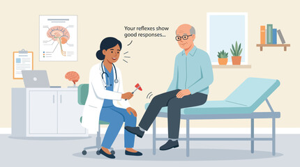 Fototapeta premium Doctor checking elderly patient's reflexes with hammer in clinic