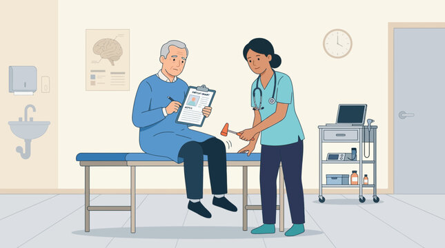 Doctor checking elderly patient's reflexes with reflex hammer in clinic exam room