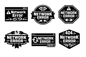 Fototapeta premium Network error signs and emblems set. Displaying connection issues, broken internet links, and website problem alerts