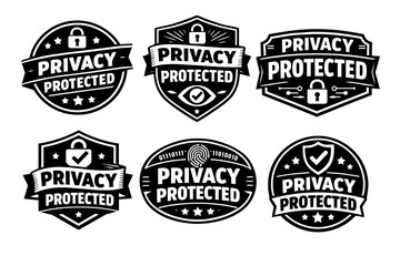 Obraz premium Set of privacy protected emblem designs with variations including locks, shields, eyes, and fingerprints for digital security