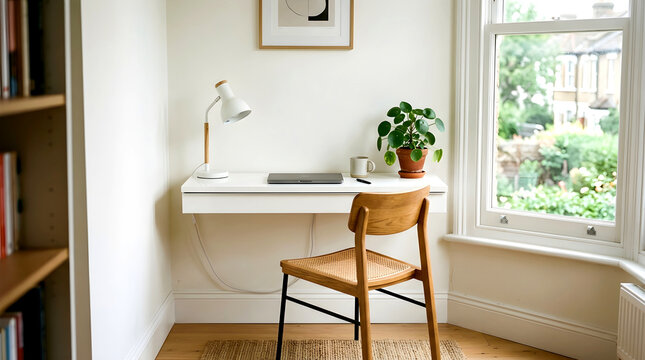 Minimalist home office workspace featuring a modern wooden chair and sleek white floating desk near a bright window