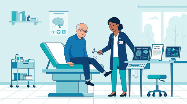 Doctor examining elderly patient's reflexes in modern clinic examination room.