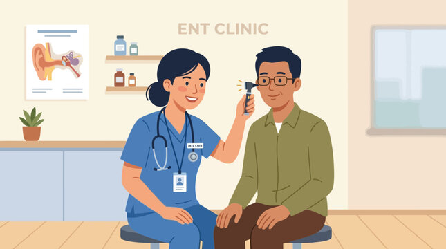 Doctor examining patient's ear at ENT clinic, medical illustration
