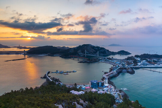 Panoramic view of Seonyudo and Gogunsan Islands at sunrise from Daejangbong Peak in Gunsan, South Korea