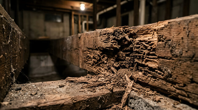 Termite Damage in Wooden Structure Showing Crumbling Wood