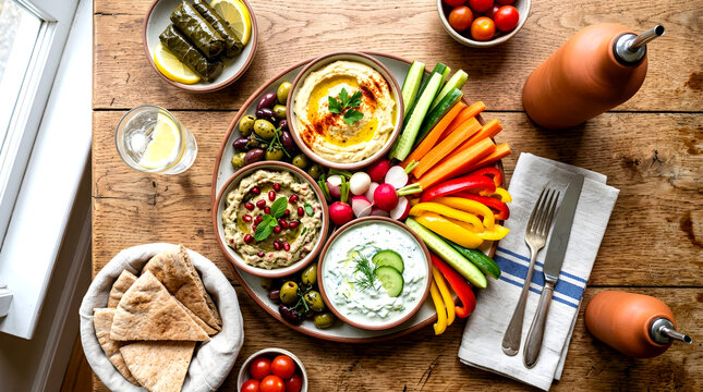Healthy mediterranean mezze platter with hummus baba ganoush tzatziki fresh vegetables and pita bread on wooden table