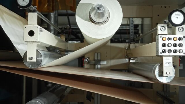 Paper Web Guided Precisely Along Rollers. System Ensures Accurate Paper Web Positioning And Lamination
