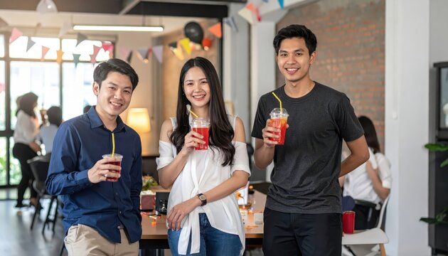 Three happy people celebrating success with drinks at a small party