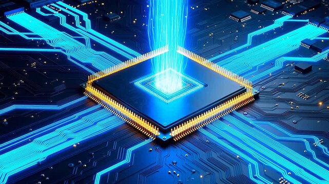 Microchip on circuit board with glowing connections