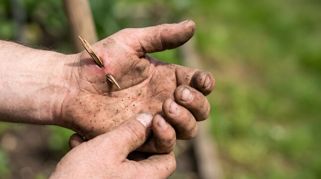 Gardener Holding Sharp Wooden Splinter in Hand in Garden Setting