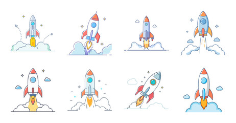 Fototapeta premium Colorful astronauts celebrating in space with rockets - A cheerful set of cartoon astronauts waving flags and rockets, floating joyfully in space with a vibrant and playful theme.