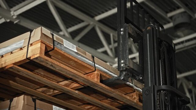 Warehouse Scene Showing Forklift Precisely Maneuvering Wooden Pallet For Inventory Storage