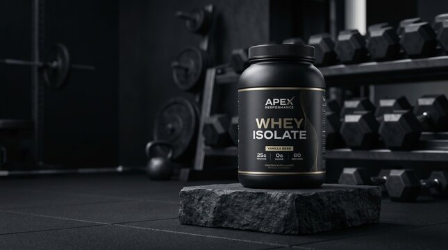 Fitness supplement Whey Isolate container on gym stone pedestal indoors
