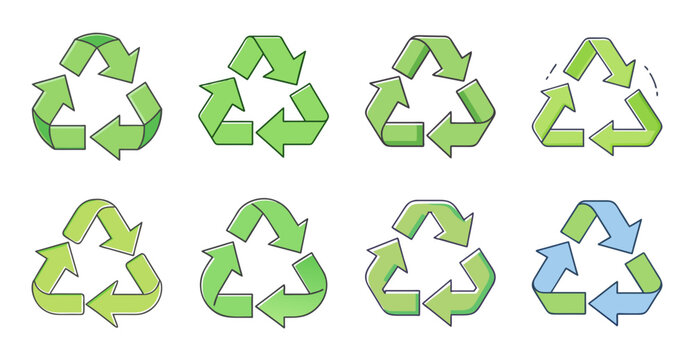 Colorful recycling symbols collection icons - Bright and modern set of recycling symbols arranged in a clean, organized layout for eco-friendly projects or educational materials.