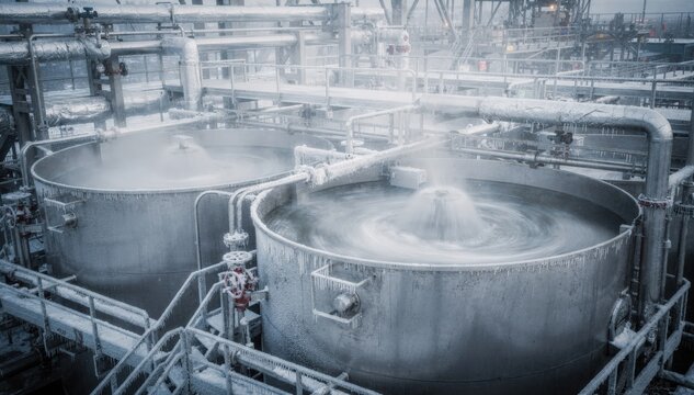 Medium shot capturing tanks mixing alum flocculant in a cold climate facility with frost visible on equipment emphasizing temperaturecontrolled water treatment production.