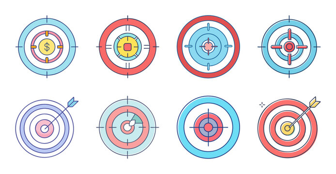 Colorful target practice bullseye icons set - Bright and cheerful set of target practice icons with bullseyes in a variety of colors and styles for educational or decorative use.