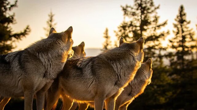 Howling four wolves lowering heads and turning right on pine clearing, following low sun rim light