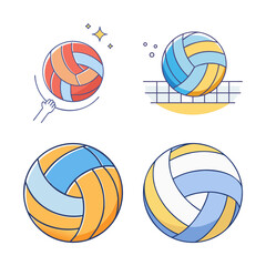 Obraz premium Colorful volleyball and net illustration set - Bright and playful vector icons showing a volleyball and net in orange, blue, and white for sports or fitness designs.