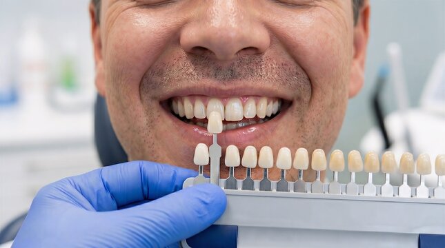 Dentist using tooth color shade guide for patient selection matching natural teeth color for cosmetic dentistry and smile makeover bright white porcelain veneers.
